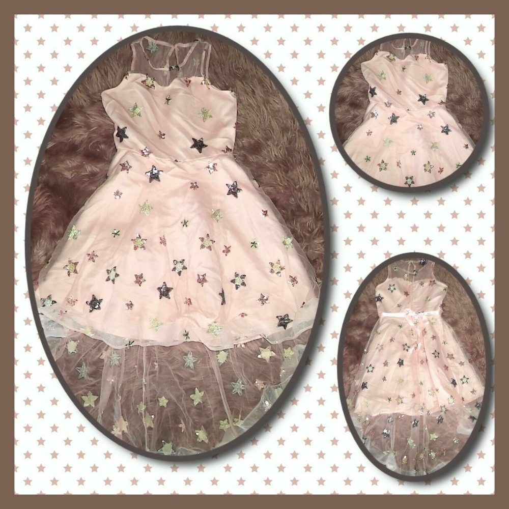 RARE EDITIONS~SPRING DRESS HALTER PINK SEQUINS TRAIN TULLE EASTER~GIRLS SIZE 12